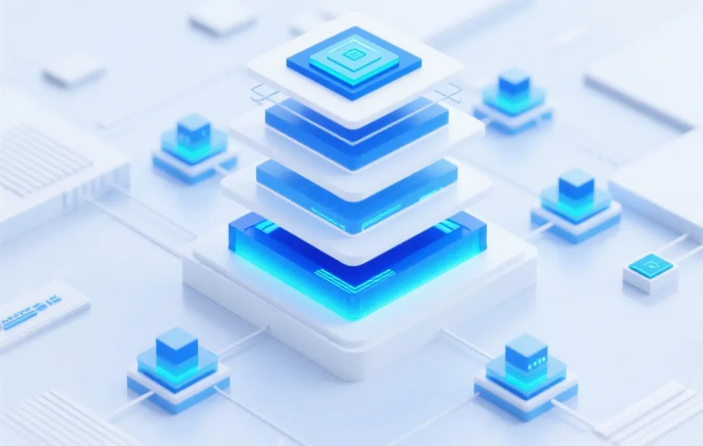 多层系统架构概念图，蓝白色调
